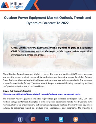 Outdoor Power Equipment Market Outlook, Trends and Dynamics Forecast To 2022