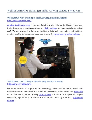 Well Known Pilot Training in India Airwing Aviation Academy