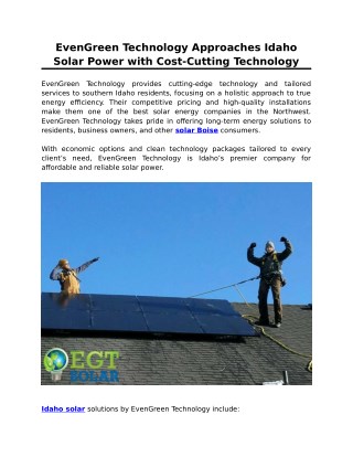 EvenGreen Technology Approaches Idaho Solar Power with Cost-Cutting Technology