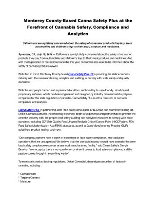 Monterey County-Based Canna Safety Plus at the Forefront of Cannabis Safety, Compliance and Analytics