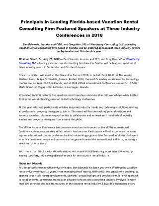 Principals in Leading Florida-based Vacation Rental Consulting Firm Featured Speakers at Three Industry Conferences in 2