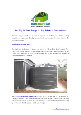 Best Way for Water Storage â€“ Poly Rainwater Tanks Adelaide