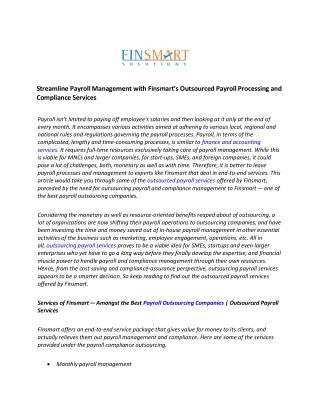 Streamline Payroll Management with Finsmartâ€™s Outsourced Payroll Processing and Compliance Services