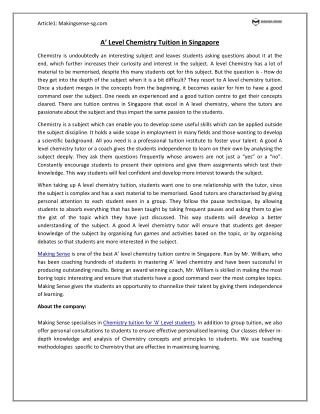 Aâ€™ Level Chemistry Tuition in Singapore