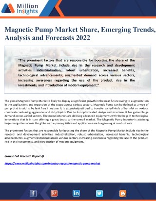 Magnetic Pump Market Share, Emerging Trends, Analysis and Forecasts 2022