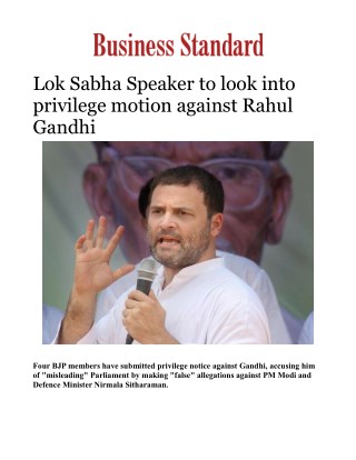 Lok Sabha Speaker to look into privilege motion against Rahul GandhiÂ 