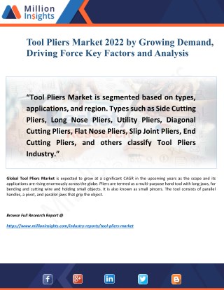 Tool Pliers Market 2022 Overview by Trending Manufacturer, Dynamics