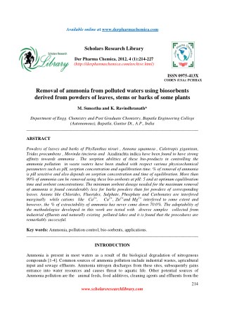 Removal of ammonia from polluted waters using biosorbents derived from powders of leaves, stems or barks of some plants