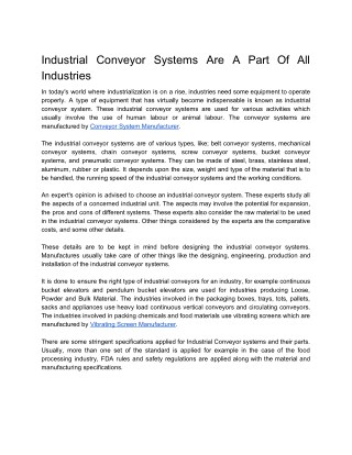 Industrial Conveyor Systems Are A Part Of All Industries