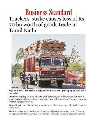 Truckers' strike causes loss of Rs 70 bn worth of goods trade in Tamil NaduÂ 