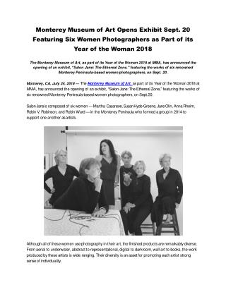 Monterey Museum of Art Opens Exhibit Sept. 20 Featuring Six Women Photographers as Part of its Year of the Woman 2018