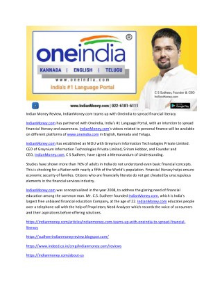 Indian Money Review, IndianMoney.com teams up with Oneindia to spread financial literacy