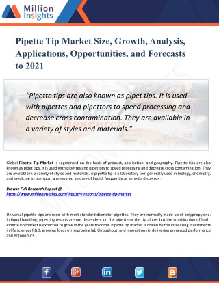 Pipette Tip Market Size, Share, Report, Analysis, Trends & Forecast to 2021