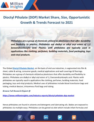 Dioctyl Pthalate (DOP) Market Share, Size, Opportunistic Growth & Trends Forecast to 2021