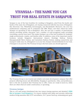 Vivansaa â€“ The Name You Can Trust For Real Estate In Sarjapur