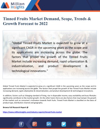 Tinned Fruits Market Demand, Scope, Trends & Growth Forecast to 2022