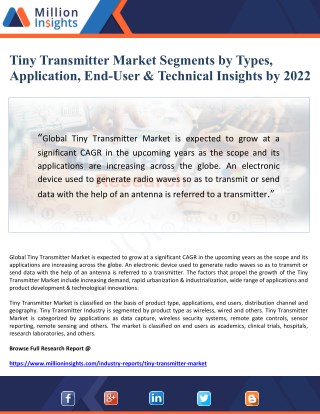 Tiny Transmitter Market Segments by Types, Application, End-User & Technical Insights by 2022