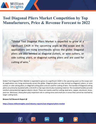 Tool Diagonal Pliers Market Competition by Top Manufacturers, Price & Revenue Forecast to 2022