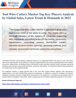 Tool Wire Cutters Market Top Key Players Analysis By Global Sales, Trend and Demands to 2022