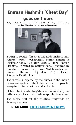 Emraan Hashmiâ€™s Cheat Day Goes on Floors