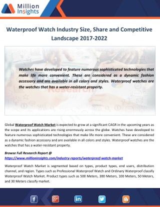 Waterproof Watch Industry Forecast, Size and Gross Margin Analysis by 2022