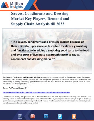 Sauces, Condiments and Dressing Market Key Players, Demand and Supply Chain Analysis till 2022