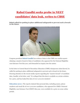 Rahul Gandhi seeks probe in NEET candidates' data leak, writes to CBSE