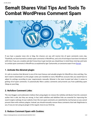 Semalt Shares Vital Tips And Tools To Combat WordPress Comment Spam