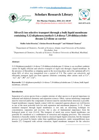 Silver(I) ion selective transport through a bulk liquid membrane containing 5,12-di(phenoxymethyl)-1,4-dioxa-7,10-dithia