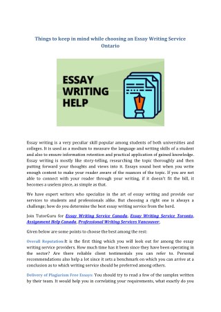 Things to keep in mind while choosing an Essay Writing Service Ontario