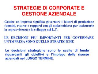 STRATEGIE DI CORPORATE E GESTIONE AZIENDALE