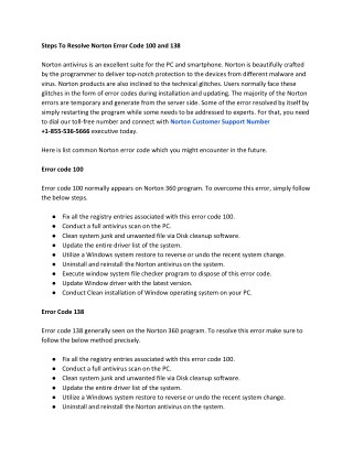 Steps To Resolve Norton Error Code 100 and 138