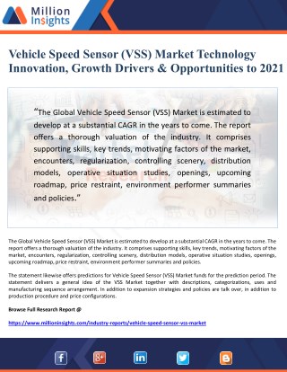 Vehicle Speed Sensor (VSS) Market Technology Innovation, Growth Drivers & Opportinities to 2021