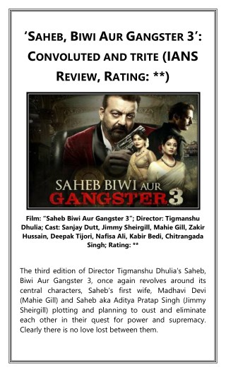 'Saheb, Biwi Aur Gangster 3': Convoluted and trite (IANS Review, Rating: **)