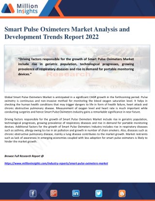 Smart Pulse Oximeters Market Analysis and Development Trends Report 2022