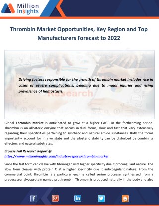 Thrombin Market Opportunities, Key Region and Top Manufacturers Forecast to 2022