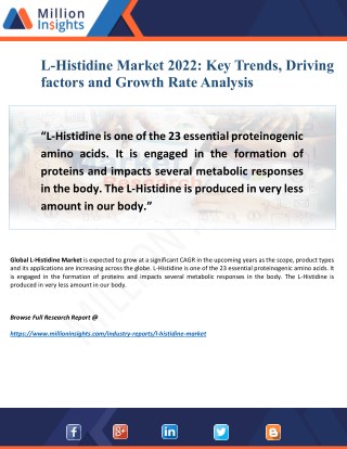 L-Histidine Market 2022: Consumption, Benefits