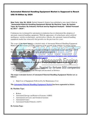 Automated Material Handling Equipment Market is Supposed to Reach US$ 50 Billion by 2024