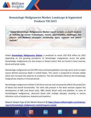 Hematologic Malignancies Market, Landscape & Segmented Products Till 2025