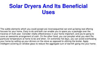Solar Dryers And Its Beneficial Uses