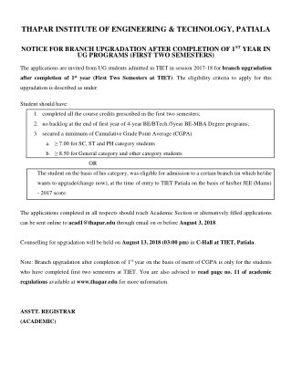 Notice for branch upgradation after completion of 1st year in ug programs (first two semesters)