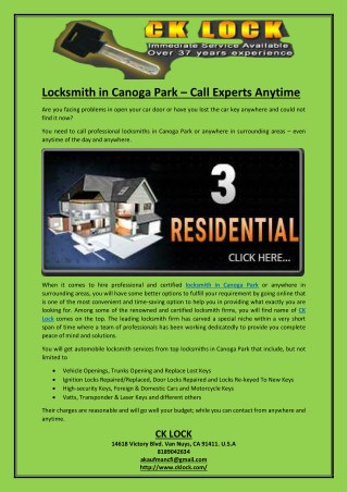 CK LockLocksmith in Canoga Park â€“ Call Experts Anytime