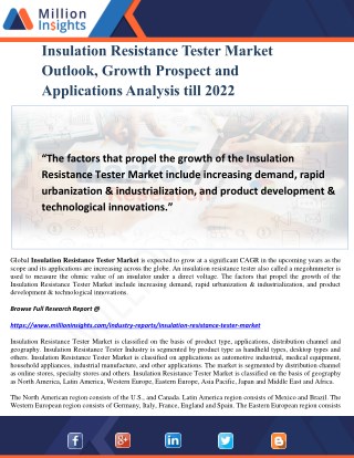 Insulation Resistance Tester Market Outlook, Growth Prospect and Applications Analysis till 2022