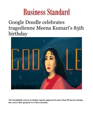 Google Doodle celebrates tragedienne Meena Kumari's 85th birthdayÂ 