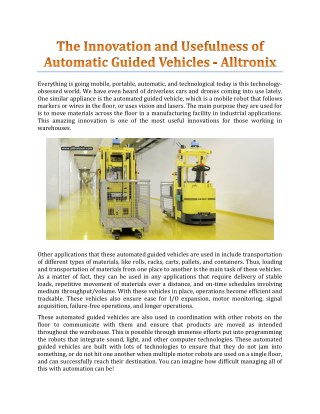 The Innovation And Usefulness Of Automatic Guided Vehicles - Alltronix India