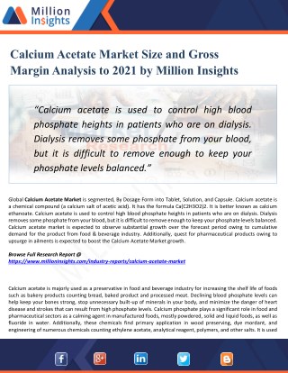 Calcium Acetate Market by Product, Import, Export and Consumption Forecast & Regional Analysis 2021