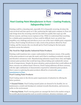 Pearl Coating Paint Manufacturer in Pune â€“ Coating Products, Safeguarding Costs!