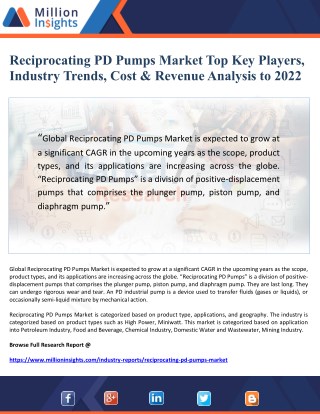 Reciprocating PD Pumps Market Top Key Players, Industry Trends, Cost & Revenue Analysis to 2022