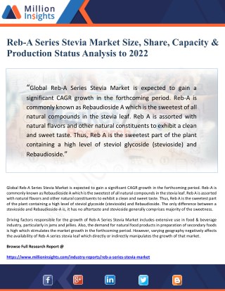 Reb-A Series Stevia Market Size, Share, Capacity & Production Status Analysis to 2022