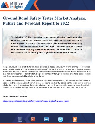 Ground Bond Safety Tester Market Analysis, Future and Forecast Report to 2022